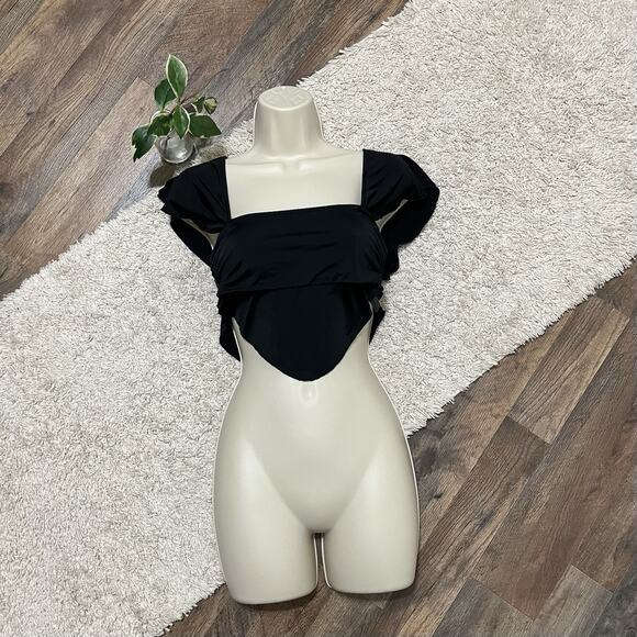 Urban Outfitters Size Medium Black Square Neckline Smocked Ruched Crop Top - Picture 1 of 9